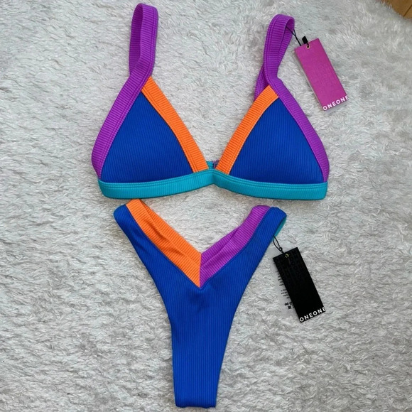 NWT OneOne Swimwear Bikini SET Blue Jesse Kameron Medium Small Cheeky New Ribbed - Picture 1 of 2